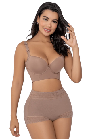 Woman wearing Mocha Padded Butt Lifter Panty shapewear by Jackie London, front view