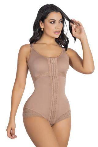 Front view of a woman modeling the Mocha Panty Body Shaper With Brassier from Jackie London