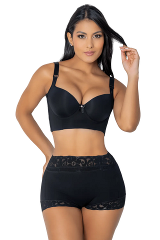 Woman wearing Black Panty Butt Enhancer shapewear by Jackie London, front view