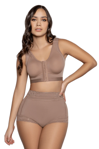Front view of a woman modeling the Mocha Panty Butt Enhancer from Jackie London