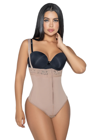 Woman wearing Mocha Panty Thong Strapless With Zipper shapewear by Jackie London, front view