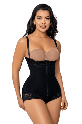 Front view of a woman modeling the Black Panty Body Shaper Strapless With Zipper from Jackie London