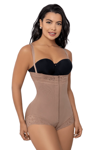 Woman wearing Mocha Panty Body Shaper Strapless With Zipper shapewear by Jackie London, front view