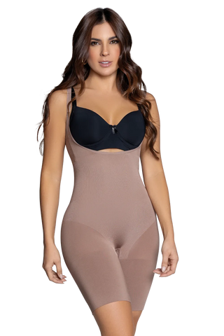 Woman wearing Mocha Seamless Bodysuit Back Coverage shapewear by Jackie London, front view