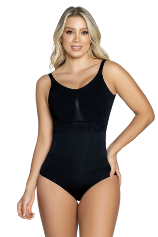Woman wearing Black Seamless Bust Thong Bodysuit shapewear by Jackie London, front view