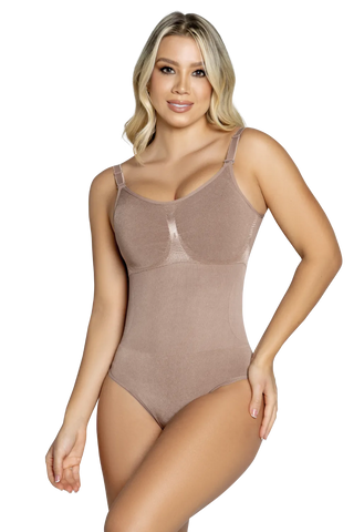 Front view of a woman modeling the Mocha Seamless Bust Thong Bodysuit from Jackie London