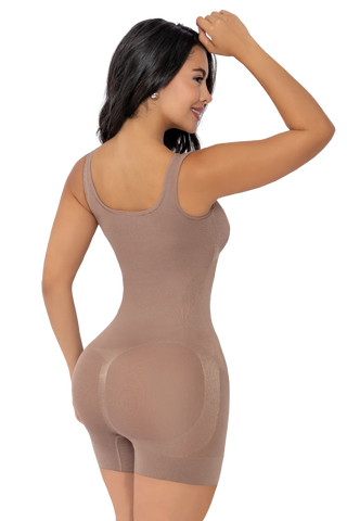 Woman modeling the Mocha Seamless Sculpting Bodysuit Wide Straps from Jackie London, rear view