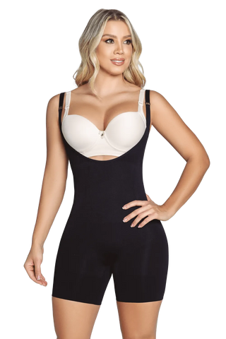 Front view of a woman modeling the Black Seamless Boyshort Bodysuit from Jackie London