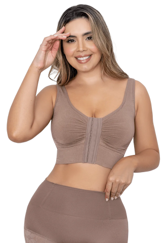 Front view of a woman modeling the Mocha Seamless Bra from Jackie London