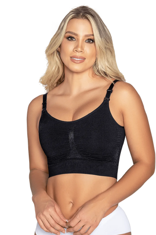 Front view of a woman modeling the Black Seamless Bralette from Jackie London