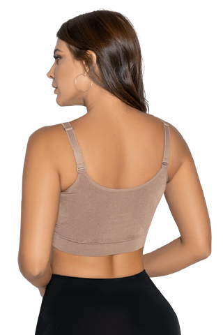 Woman modeling the Mocha Seamless Bralette from Jackie London, rear view