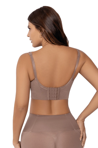 Back view of a woman wearing Mocha Seamless Bralette with Adjustable Back shapewear by Jackie London