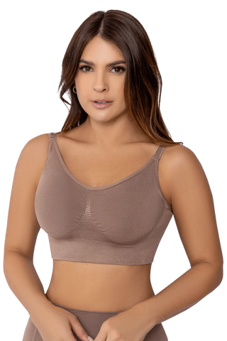 Woman wearing Mocha Seamless Bralette with Adjustable Back shapewear by Jackie London, front view