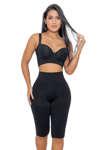 Woman wearing Black Seamless Butt Lifter Capri shapewear by Jackie London, front view