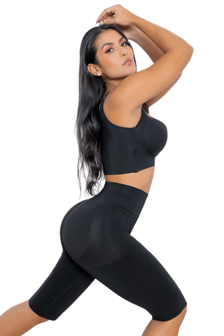Woman wearing Black Seamless Butt Lifter Capri shapewear by Jackie London