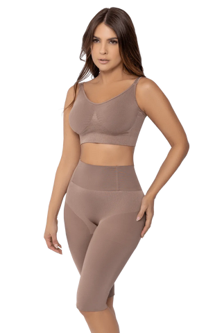 Front view of a woman modeling the Mocha Seamless Butt Lifter Capri from Jackie London