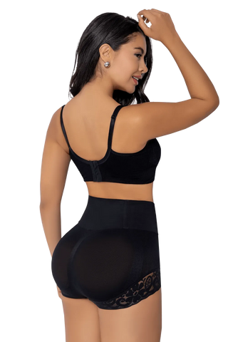 Woman modeling the Black Seamless Butt Lifter Panty from Jackie London, rear view