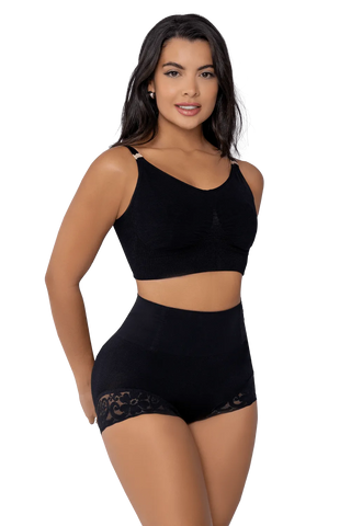 Woman wearing Black Seamless Butt Lifter Panty shapewear by Jackie London, front view