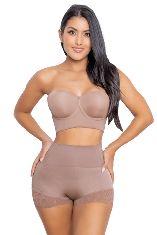 Front view of a woman modeling the Mocha Seamless Butt Lifter Panty from Jackie London
