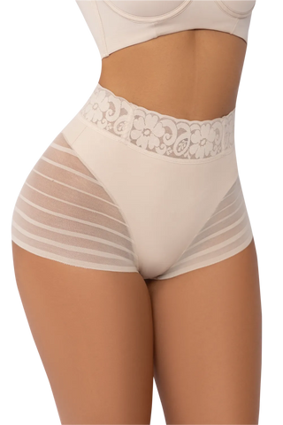 Close-up detail 2 of the Beige Sheer Lace Shaper Control Brief shapewear by Jackie London
