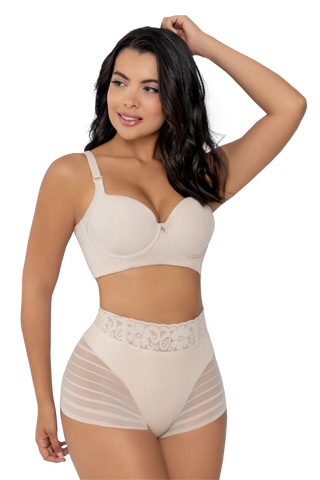 Front view of a woman modeling the Beige Sheer Lace Shaper Control Brief from Jackie London