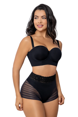 Woman wearing Black Sheer Lace Shaper Control Brief shapewear by Jackie London, front view