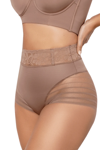 Close-up detail of the Mocha Sheer Lace Shaper Control Brief shapewear by Jackie London