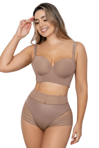 Woman wearing Mocha Sheer Lace Shaper Control Brief shapewear by Jackie London, front view