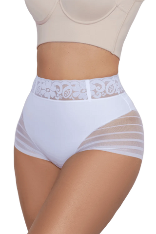 Close-up detail of the White Sheer Lace Shaper Control Brief shapewear by Jackie London