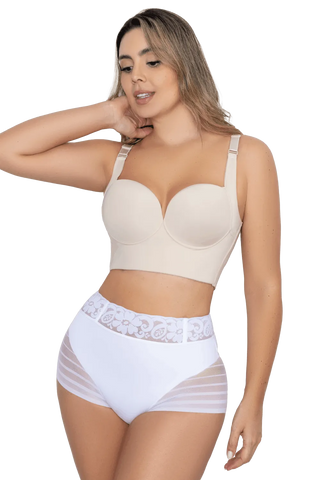 Front view of a woman modeling the White Sheer Lace Shaper Control Brief from Jackie London