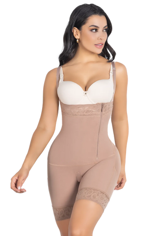 Front view of a woman modeling the Mocha Shorts Body Shaper Strapless With Lateral Zipper from Jackie London