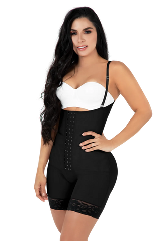 Front view of a woman modeling the Black Shorts Body Shaper With Covered Back from Jackie London
