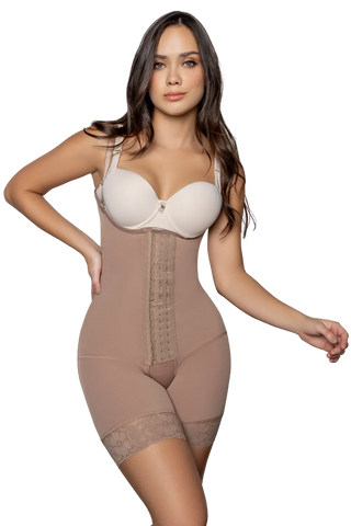 Woman wearing Mocha Shorts Body Shaper With Covered Back shapewear by Jackie London, front view