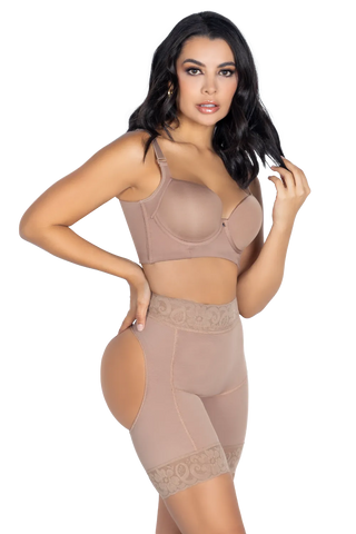 Front view of a woman modeling the Shorts Butt Enhancer Open Holes from Jackie London