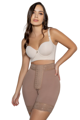 Woman wearing Mocha Shorts Butt Enhancer With Hooks shapewear by Jackie London, front view