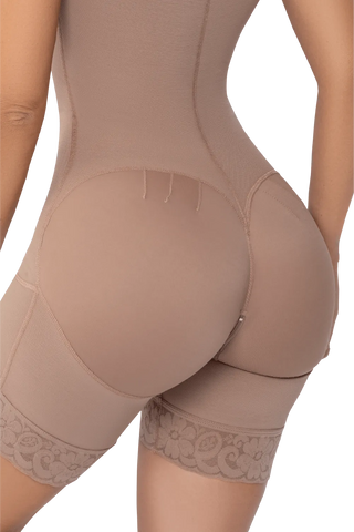 Close-up view from behind of the “Mocha Shorts” body-shaping bra by Jackie London