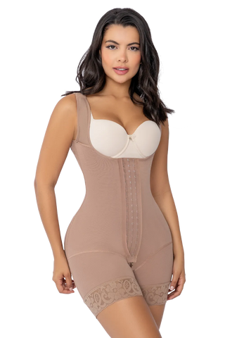 Front view of a woman modeling the Mocha Shorts Body Shaper With Wide Straps from Jackie London
