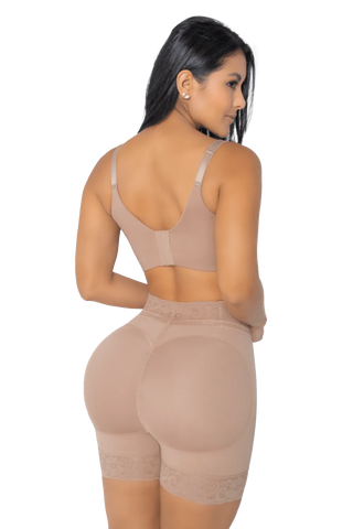 Woman modeling the Mocha Shorts Butt Enhancer from Jackie London, rear view