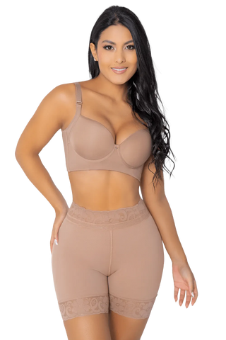 Front view of a woman modeling the Mocha Shorts Butt Enhancer from Jackie London