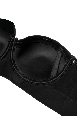 Close-up detail of the Black Strapless Back Coverage Bra shapewear by Jackie London
