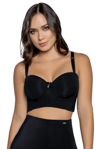 Front view of a woman modeling the Black Strapless Back Coverage Bra from Jackie London