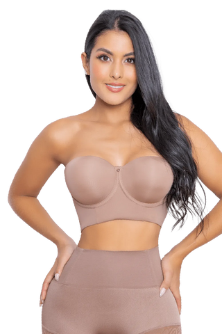 Front view of a woman modeling the Mocha Strapless Back Coverage Bra from Jackie London