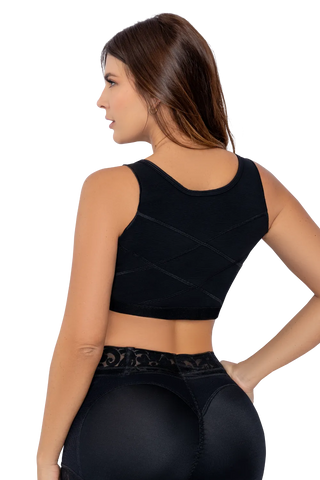 Woman modeling the Mocha Support Bra from Jackie London, rear view