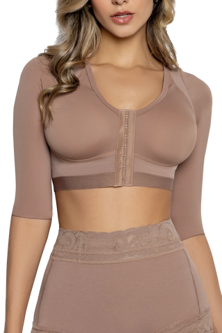 Woman wearing Mocha Support Bra With Sleeves shapewear by Jackie London, front view