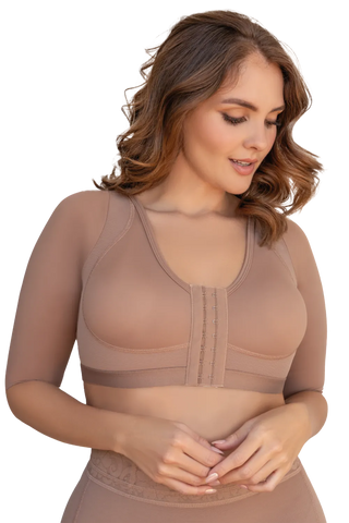 Woman modeling the Mocha Support Bra With Sleeves from Jackie London
