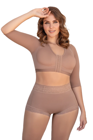 Woman happy modeling the Mocha Support Bra With Sleeves from Jackie London