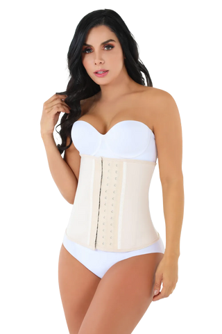 Woman wearing Beige Waist Trainer Strapless shapewear by Jackie London, front view