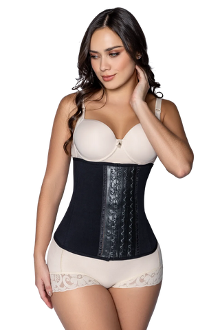 Front view of a woman modeling the Black Waist Trainer Strapless from Jackie London