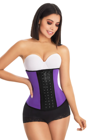 Woman wearing Purple Waist Trainer Strapless shapewear by Jackie London, front view