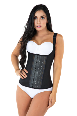 Woman wearing Black Waist Trainer With Wide Straps shapewear by Jackie London, front view